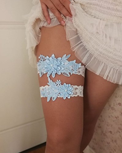 Dasiy wedding garters for bride bridal lace garter set hand sewn pearls (sky blue)