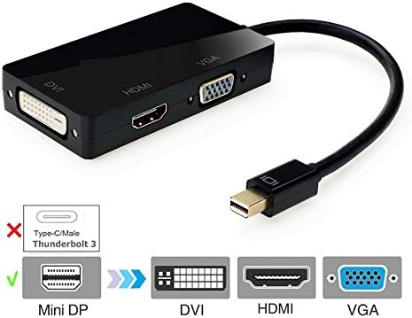 3-in-1 Mini DisplayPort (Thunderbolt 2 Port Compatible) to HDMI/DVI/VGA Male to Female 3-in-1 Adapter in Black - Supporting 4K Resolution via HDMI (black)