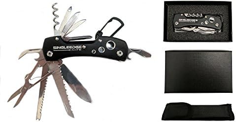 Black Swiss Style Army Pocket Knife By SingleEdge Knife - 14 multi function pocket knife - For Every Day use including Outdoor, Rescue and Survival. Knife Pouch and Gift Box Included.
