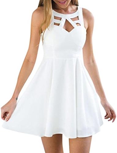 Women's Back Lace Hollow Out Dress Sleeveless Slim Pencil Evening Party Summer Beach Sundress Dresses (M, White)