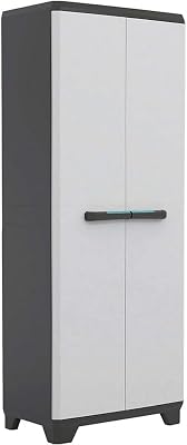 Armario Linear Escobero|Armario Escobero de almacenaje|Resina|2 Puertas y 3 baldas|Color Negro/Gris,Tiradores En Azul|68 x 39 x 173 cm