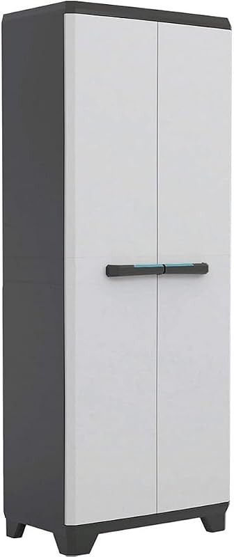 Armario Linear Escobero|Armario Escobero de almacenaje|Resina|2 Puertas y 3 baldas|Color Negro/Gris,Tiradores En Azul|68 x 39 x 173 cm