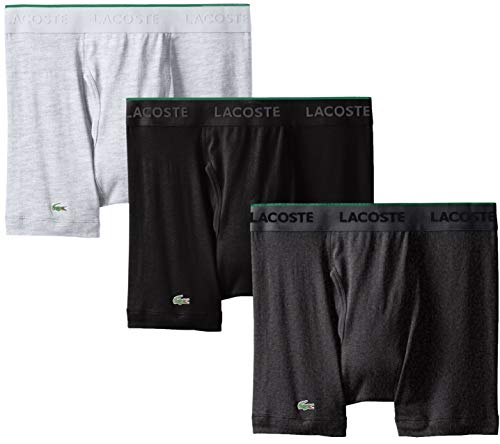 Lacoste Men's 100% Cotton Boxer Brief Underwear, Multipack, Black/Charcoal/Gray - 3 Pack, Large