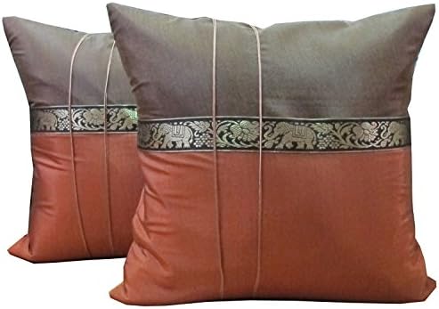 cozymomo One Pair Brown Elephant Stripe Throw Cushion Cover/Pillow Case Thai Silk for Decorative Sofa, Car and Living Room Size 16 X 16 Inches