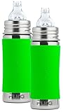 Pura Kiki Stainless Steel Toddler Sippy Bottle with Green Silicone 11 Ounce, Set of 2