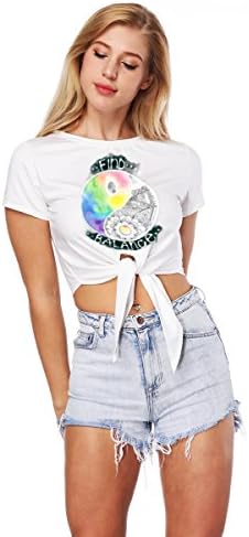 AHADOP Find Your Balance Tank Top, Summer Sexy O-Neck White Causal Short Sleeve Crop Top Tie Front T-Shirt M