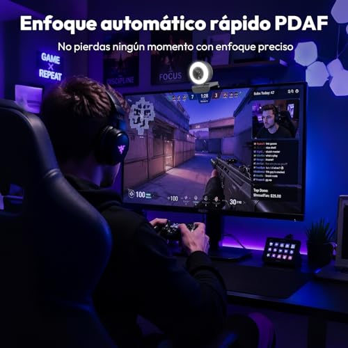 Angetube Webcam 4K con micrófono - Luz Circular integrada, Enfoque automático PDAF,Interfaz USB-A/C Plug and Play,Ideal para Streaming,videollamadas y reuniones,Compatible con PC,portátil,Mac/Windows