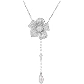 Crystal Flower Drop Y Necklace for Women Cubic Zirconia Diamond Shell Pearl Charms Pendant Choker Chain Adjustable Fashion Shiny Wedding Birthday Anniversary Jewelry Gift Box