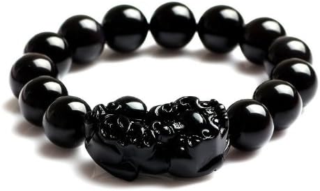 TWJ Obsidian Feng Shui Wealth Porsperity Bracelet 12mm Bead with Pi Xiu/Pi Yao, Attract Wealth and Good Luck, Deluxe Gift Pouch Included