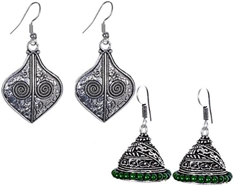 Ardour Set of 2 Pair Drop Dangle Hanging Oxidised Silver Handmade Jhumka Jhumki Fashion Earrings Jewellery For Her, Girl, Women, Mother, Sister, Girlfriend, Party &amp; Daily Wear with Free Gift Box