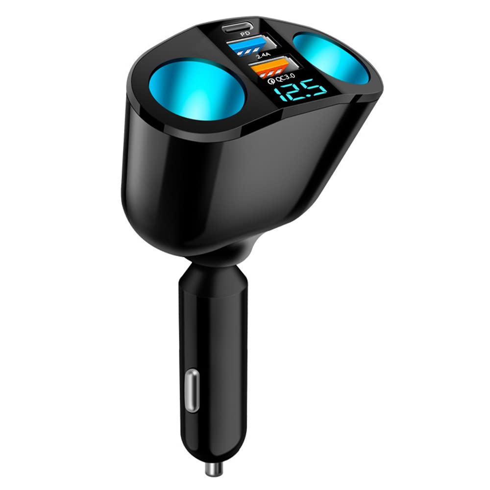 2026 New Upgrade 5 Port Cigarette Lighter Splitter,QC3.0&PD 20W Super Fast Car Charger with Dual Cigarette Lighter Plug with LED Voltmeter Compatible with iPhone 14 Pro iPad Dash Cam GPS (PD+QC+2.4A)