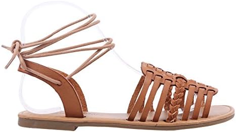 weyoh Women Open Toe Stylish Gladiator Braid Faux PU Lace Up Ankle Tie Flat Sandals Shoes (9, Camel)