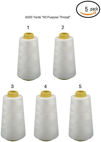5-PACK of 6000 yards(EACH) quality sewing thread Cone Thread Polyester Spools Overlock (Serger,Over lock, Canvas , Drapery, Beading,) (30000 yards, white)
