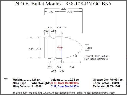 NOE Bullet Moulds Bullet Mold 2 Cavity Aluminum .358 caliber Gas Check 128gr bullet with a Round Nose profile type. The classic Round nose