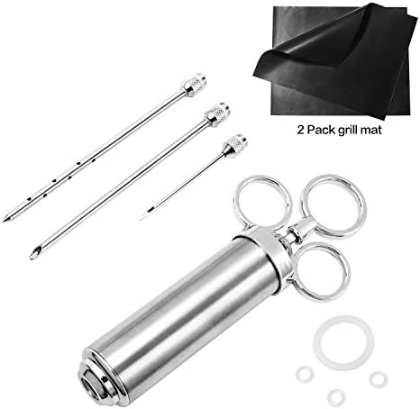 Meat Injector Kit, 2 Pack Grill Mats, ARKEBAN Marinade Injector Stainless-Steel Seasoning Injector with 2-oz Large Capacity Barrel , 3 Professional Marinade Needles,Christmas Gift (silver)