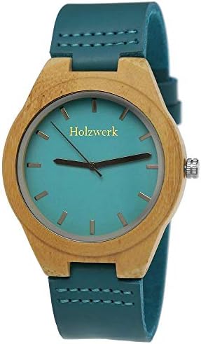 Handmade Designer Women's Watch Men's Watch Unisex Eco Natural Wood Watch Leather Strap Watch Analogue Classic Quartz Watch in Blue Turquoise