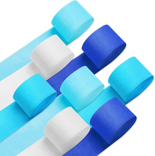 Crepe Paper Streamers 8 Rolls 656ft - Blue & White Party Decorations for Birthday, Wedding, Baby Shower, Pastel Royal Shades, 1.8x82ft/Roll Event Backdrop