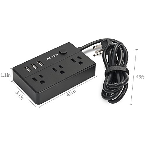 JSVER Portable Surge Protector Power Strip with 3 Outlet and 3 USB Charging Station, 350 Joule - Black