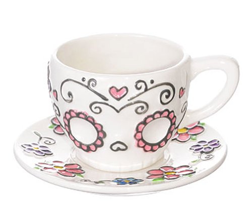 Ceramic sugar skull teacup and saucer set in gift box