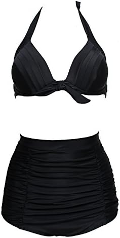 Flora Polka Vintage High Waisted Bikini Swimsuits Swimwear Black XXL(10-12)