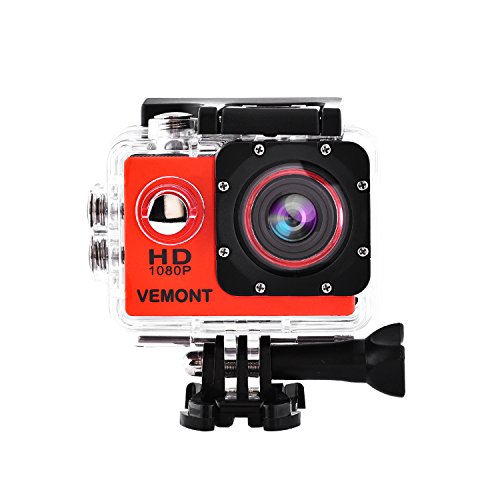 Vemont Cámara Deportiva 1080P HD Impermeable 30M Pantalla de 2.0 Lente de Gran Angular de 140 Grados Multiples Accesorios para Deportes y Actividades, Buceo, Nadar, Correr, Ciclismo, etc. (Rojo)