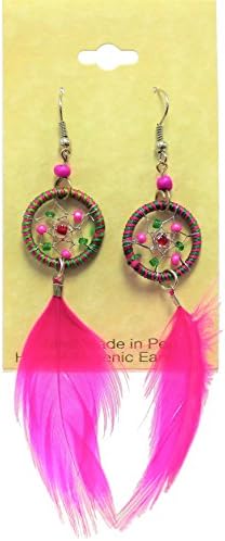 Peruvian Earrings - Dream Catcher Feather - Hand Crafted (Feather: 2" - 2 1/2") (Hot Pink)