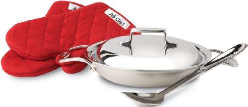 All-Clad BD551508 Brushed d5 Stainless Steel 2-Quart All-Purpose Pan with Oven Mitts / Spoon and Domed Lid / Cookware, Silver