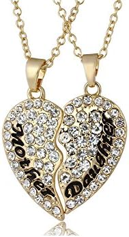 Plated Silver Mother Daughter Full CZ diamond Heart with Two Chains Pendant (Golden Heart)
