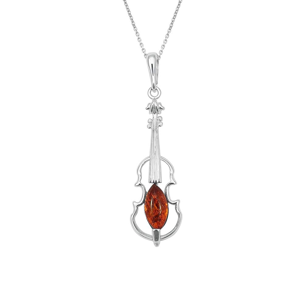 Kiara Jewellery 925 Sterling Silver Brown Amber Violin Pendant Necklace on 18" Sterling Silver Chain.