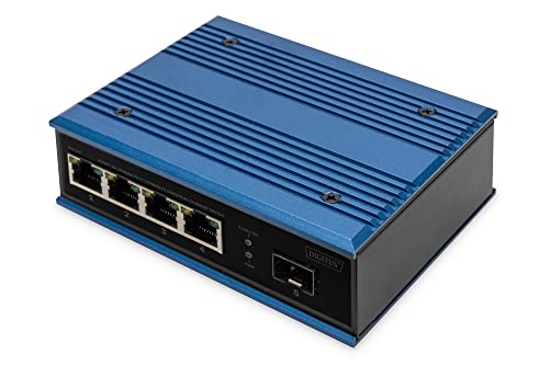 DIGITUS Netwerk Switch - 5-poorts Fast Ethernet - 4x RJ45 + 1x SFP-poort - Unmanaged - 10/100 Mbps - DIN Rail & Wandmontage - IP40 - Serie Industrieel - Blauw