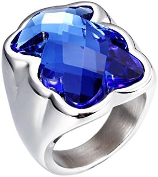 URs Women's Silver Stainless Steel Ring With Colourful Crystal Teddy Bear Setting (Sapphire Crystal, 7)