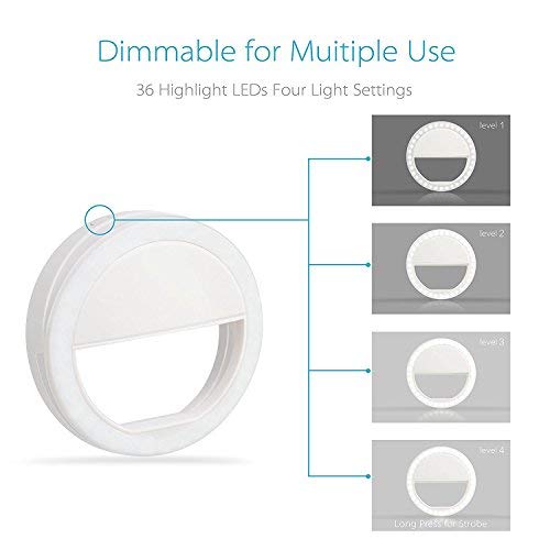 Selfie la luz del Anillo, Luz LED para cámaras con Clip de Enganche, 36 Luces LED Recargables, Luces con Brillo Ajustable en 3 Niveles para Cámara Fotografías Videos Luz Nocturna para iPhone, Samsung, Otros Teléfonos Inteligentes, Tabletas,