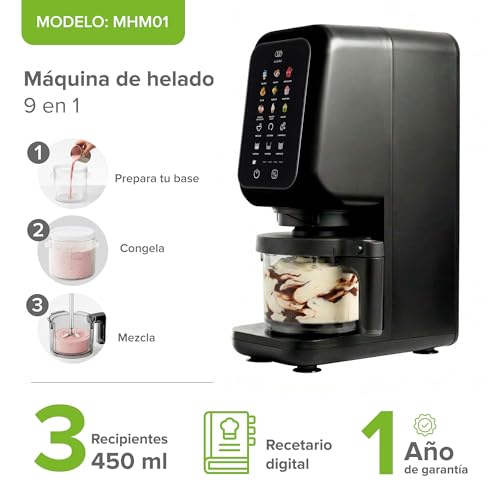 AVERA Máquina para hacer helados con 9 programas y 3 recipientes de 450 ml, Crea sorbetes, batidos, bebidas congeladas, creamy, slushie machine, ice cream maker, maquina de nieva de yogurt | MHM01