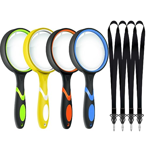 Leffis 4 Pack Magnifying Glass, 10X Non-Slip Handheld Reading Magnifier with Lanyard for Kids and Seniors, 75mm Magnifying Glass Lens for Reading, and Nature Exploration