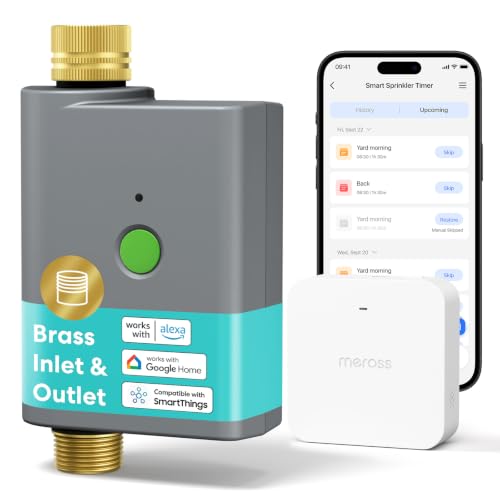 meross Programmateur Arrosage WiFi avec Smart Hub, Arrosage Automatique pour Jardin, App & Commande Vocale, Pause Pluie, Suivi Conso d’Eau, Raccords en Laiton, IP65, Alexa, Google et Apple Home, Gris