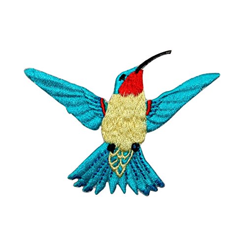 ID 0495B Blue Feathered Flying Hummingbird Embroidered Iron On Applique Patch