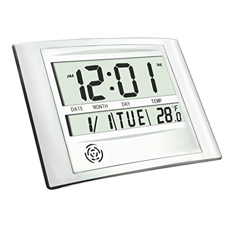 HeQiao Digital Wall Clock Decorative Silent Desk Shelf Clock Easy to Read Large LCD Calendar Temperature Battery Alarm Clock for Seniors Elderly Home Office (12 Inch, 2 Alarms) (Luxury Silver)