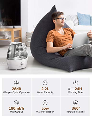 Homasy Victsing Upgraded, 2.2L Cool Mist Ultrasonic Large Bedroom, Baby, Home Premium Air Humidifying Vaporizer for Whisper-Quiet, Auto Shut-Off- Lasts Up to 24 Hours, Grey - Thumbnail 6