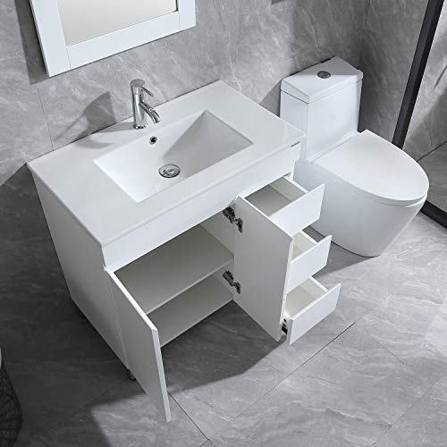 Wonline 32" Bathroom Vanity and Sink Combo Cabinet Undermount Ceramic Vessel Sink Chorme Faucet Drain with Mirror Vanities Set