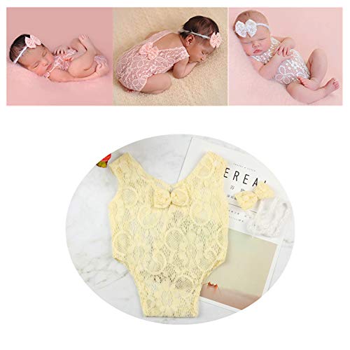 Newborn Infant Baby Photography Props Girls Lace Bow Vest Bodysuits Romper Photo Shoot Princess Clothes (Beige) - Thumbnail 2