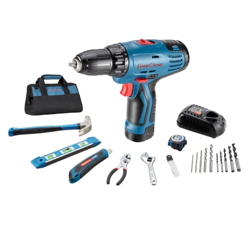 DongCheng 12V Max Akku-Bohrschrauber 30N.m,16+1,10m'm Schnellspannbohrfutter Bohrschrauber-Set (0-500/0-1500)mit 17-teiligem Handwerkzeugsatz für Heimwerkerprojekte,40 mins Schnellladegerät, DCJZ10-10