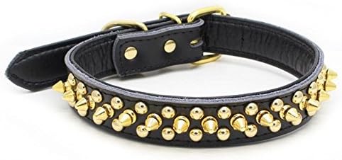 Gorgeous Design Genuine Leather Dog Collar with Gold Spikes and Studs,Black,L:(Neck 14-18")