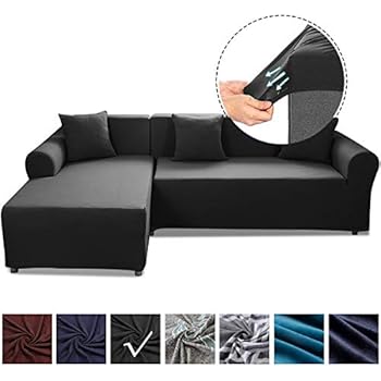 Sand Sofa Slipcover SAFETYON Elastic Sofa Cover Sets L Shape Stretch Furniture Cover Pet Dog Sectional/Corner Couch Covers Thin velvet L-type flexible sofa cover 3-seat +3 seat (Black 01)