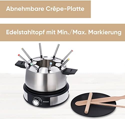 Fondue-Crêpes-Kombination, spülmaschinengeeignetes Fondueset mit 8 farblich markierten Gabeln, Fondue-Crêpes Maker-Kombi aus Edelstahl, schwarz, FO 2471