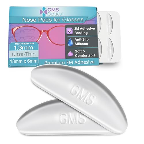 GMS Optical Adhesive Silicone Nose Pads for Glasses |1.3mm Ultra-Thin, 18mm Large | Non Slip Glasses Grips for, Sunglasses and Eyewear w/Super Sticky Backing, Eyeglass Accessories (5 Pairs, Clear)