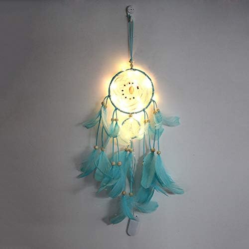 4inloveme Pure Handmade Dream Catcher with Light Beautiful Native American Dream Catchers Authentic Pretty Dreamcatchers for Home Wall Hanging Decoration Wedding Decoration Craft (Blue+Light)