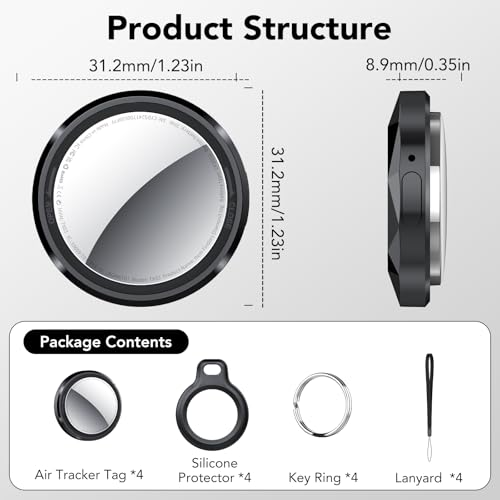 QCOQ Air Tracker Tags-4 Pack | Bluetooth Trackers Work with Apple Find My (iOS Only) with Mini Protective Case/Keychain/Lanyard, Item Finders for Luggage/Key/Suitcases, Replaceable Battery, Black