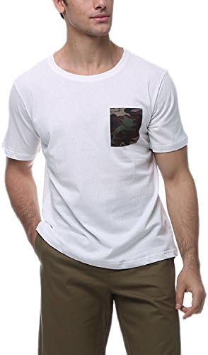 HEMIKS Men's Casual Crew Neck Short Sleevs Camo Printed Pocket T-Shirt Tee Tops(White,L)