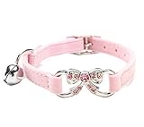 BINGPET BA3010 Soft Velvet Safe Cat Adjustable Collar Bling Rhinestone Butterfly with Bells , Pink