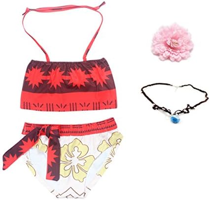CQSM Baby Girl Swimwear Digital Print Moana Bikini with Necklace and Flower Set for Kids Princess Custome Cosplay (120=5-6Years)